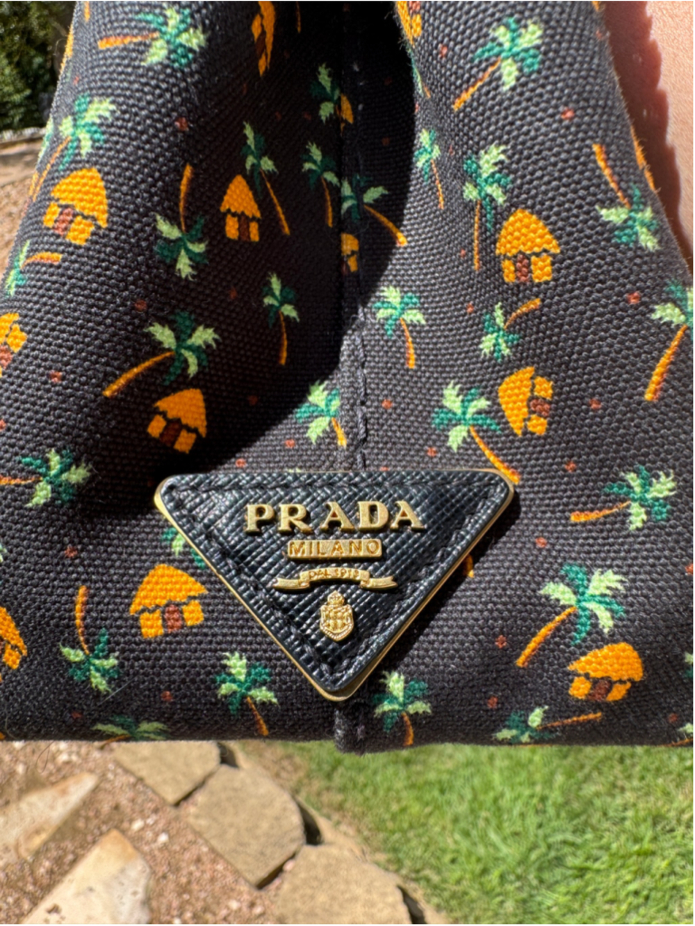 Prada Canapa Palm trees and tiki hut pattern Canvas Tote Bag - Picture 2 of 14